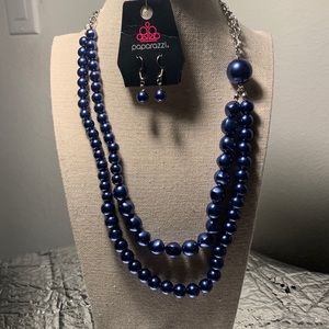 Dark blue pearl like necklace with matching earrings